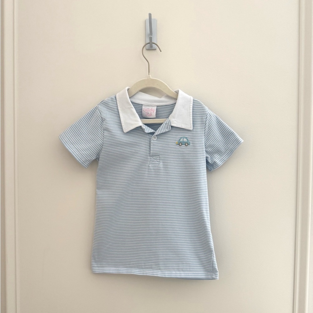 Striped Light Blue Polo Shirt with White Collar - Kids